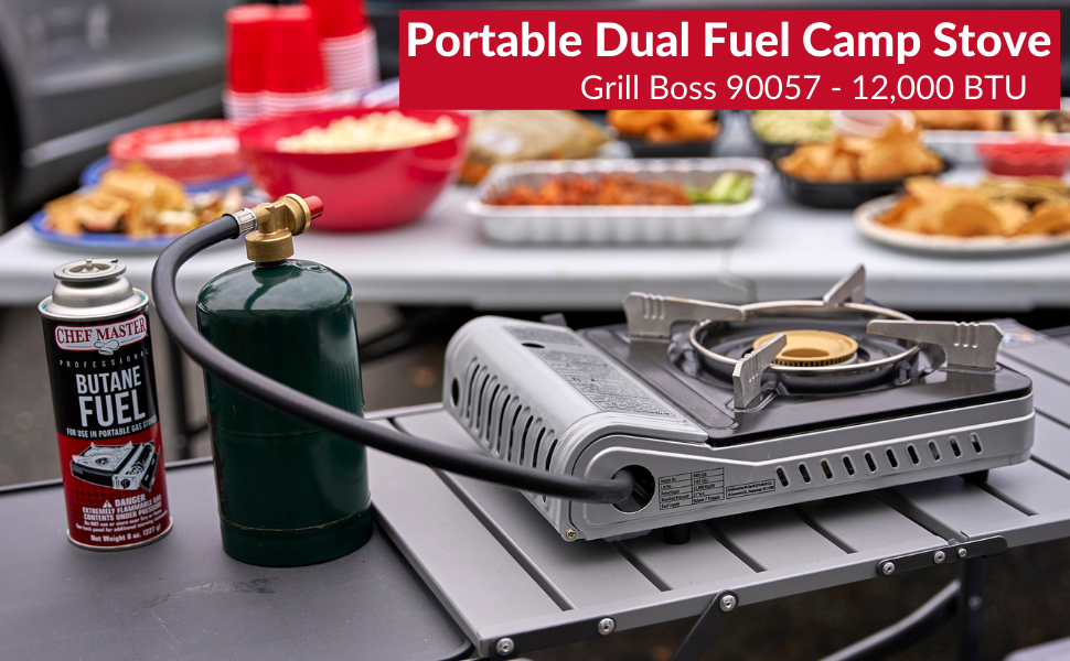 dual fuel, camp stove with propane and butane propane, camp stove, one burner, camp stove